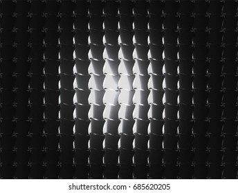 vector Illustration and graphic background, abstract white and gray geometric texture, dark gray and black gradient with spotlight center on layer of tile, apparent convex and artesian serrated