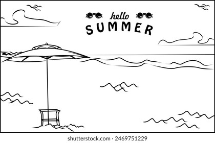 Vector illustration graphic of a beach with an umbrella and a chair, featuring the words 'Hello Summer'