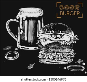 Vector illustration with graphic beer and burger on the blackboard