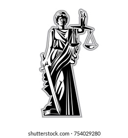 Vector illustration, graphic black and white silhouette, the Greek goddess of justice with blindfold, scales and sword, standing with one foot on the book of the law.