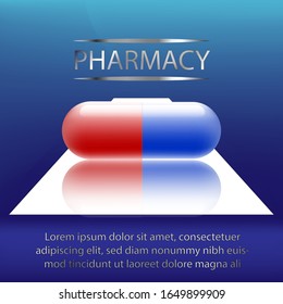 Vector illustration graphic brochure design phrmacy banner, drug capsule on blue backdrop