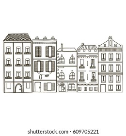 Vector illustration with graphic buildings. Set with retro city houses. 