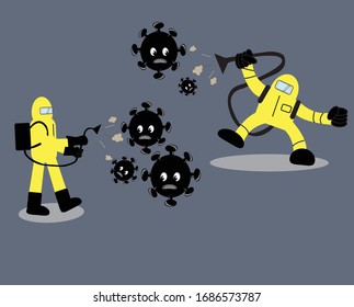 Vector Illustration graphic cartoon character of bio hazard department fight virus. Good to use for medical and health care content.