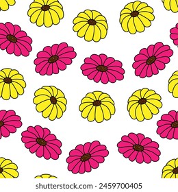 vector illustration of graphic colorful flower abstract on white background, textile seamless pattern pink and yellow. flower line up curve for fabric, textile, backdrop, cloth, summer, spring. 