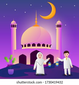 Vector illustration graphic of Couple Muslims who are carrying lanterns beside the Mosque. Good ramadan poster, ui, ux