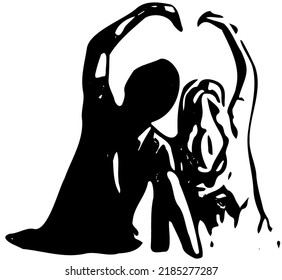 Vector illustration  graphic couple sitting together by the beach   making love sign and their arms  good for romance   others 