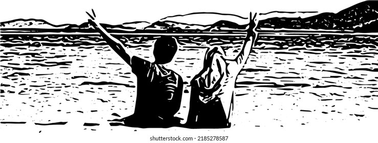 Vector illustration  graphic couple sitting together by the beach   making peace sign and their arms  great for relationships   more 