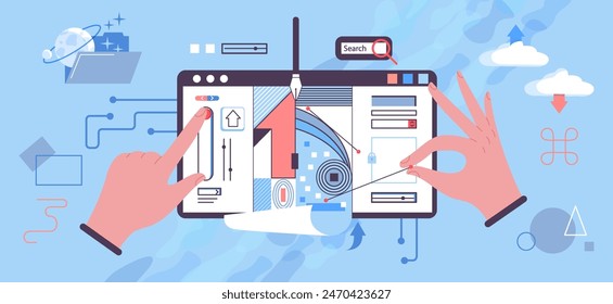 Vector illustration of graphic design concept. Designer work in a graphic editor, cloud storage and search on the global network.Сoncept for web banner, social media banner, business presentation