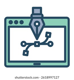 A vector illustration of a graphic design concept, featuring a pen tool, a computer screen, and vector control points.