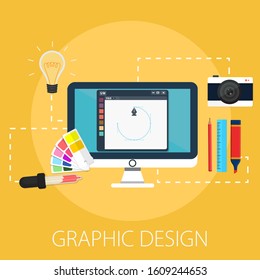 Vector illustration of graphic design and creative concept with "graphic design" technology and marketing icon.