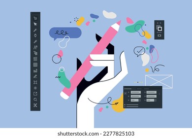 Vector illustration of graphic design and development, design app, creativity. Creative concept for web banner, social media banner, business presentation, marketing material.
