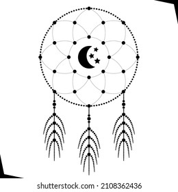 Vector illustration graphic design dreamcatcher, icon, use in print. Moon and stars