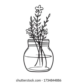 ilustración vectorial del diseño gráfico de flores en una botella, icono, esbozo de dibujo artístico, botánica, uso en impresión, decoración, dibujo a mano