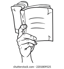 ilustración vectorial diseño gráfico de una mano con un libro, dibujo de tatuajes de arte, dibujo a mano, uso de impresión