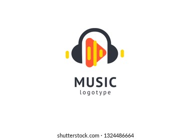 Vector illustration, Graphic Design headphone logotype. Abstract music icon vector design. Sound recording studio, night party. School of Music, disco, vocal course, composer, singer vector logo