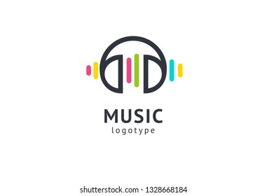 Vector illustration, Graphic Design headphone logotype. Abstract music icon vector design. Sound recording studio, night party. School of Music, disco, vocal course, composer, singer vector logo
