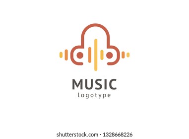 Vector illustration, Graphic Design headphone logotype. Abstract music icon vector design. Sound recording studio, night party. School of Music, disco, vocal course, composer, singer vector logo