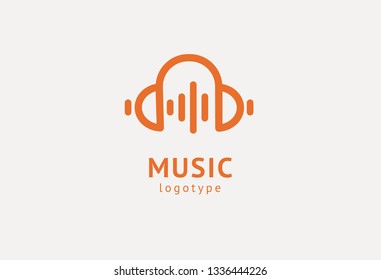 Vector illustration, Graphic Design headphone logotype. Abstract music icon vector design. Sound recording studio, night party. School of Music, disco, vocal course, composer, singer vector logo