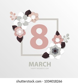 vector illustration of a graphic design for the holiday of the international women's day, March 8. stylish frames in the composition with paper cut flowers