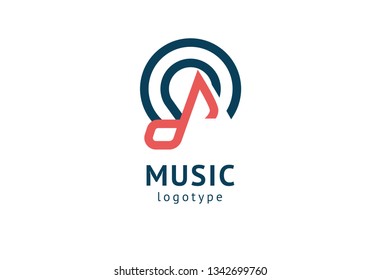 Vector illustration, Graphic Design Note web logotype. Abstract music logo icon vector design. Sound recording studio, night party. School of Music, disco, vocal course, composer, singer vector logo