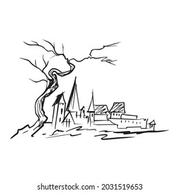 ilustración vectorial del diseño gráfico de la ciudad antigua, icono, dibujo artístico, dibujo a mano, uso en impresión