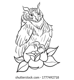 vector illustration of graphic design of an owl with a rose, icon, art tattoo sketch, background pattern, hand draw, use in print and coloring for children