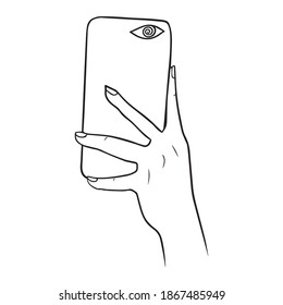 vector illustration of graphic design phone in hand, icon, art tattoo sketch, logo, draw by hand, use in print