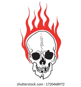 ilustración vectorial de un diseño gráfico de un cráneo con fuego, icono, logotipo, símbolo rojo, arte, dibujo de tatuajes, halloween, horror, uso en una camiseta, patrón de fondo, dibujo a mano, concepto