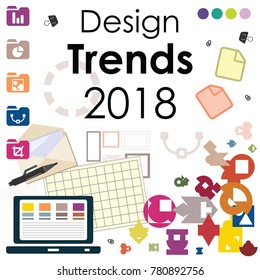 vector illustration for graphic design trends in 2018 with colorful stationary flat lay and text