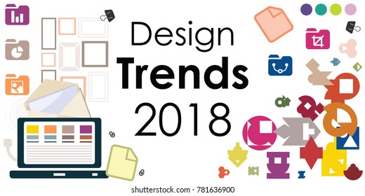 vector illustration for graphic design trends in 2018 with colorful stationary flat lay and text horizontal header vector illustration for graphic design trends in 2018 with colorful stationary flat lay and text horizontal header