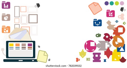 vector illustration for graphic design trends with colorful stationary flat lay and cope space for text horizontal header
