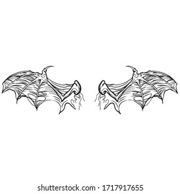 vector illustration of graphic design of wings, art tattoo sketch, flying, bat logo, use in print, draw with hand, icon, element