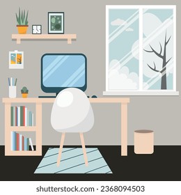 Vector illustration. Graphic design of a workspace in a modern style. The time of year is winter. Winter landscape outside the window. Cozy room