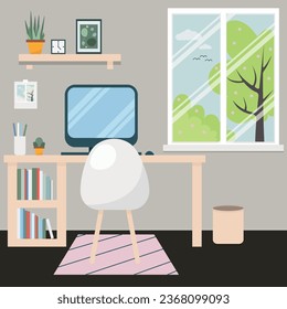 Vector illustration. Graphic design of a workspace in a modern style. The time of year is spring. Spring landscape outside the window. Cozy room, workplace, computer, flowers.