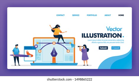 Vector illustration or graphic designer concept design for landing pages. flat cartoon character painting with software and laptop. can be use for homepage, website, web, mobile apps ui, poster, flyer