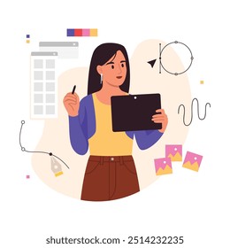 Ilustração vetorial de designer gráfico girl.Cartoon cena de uma menina segurando um tablet e uma caneta, criando uma ilustração, em um editor gráfico, uma caneta, um círculo, um cursor, uma paleta de cores, abas.