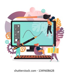 Vector illustration of graphic designer team, computer, drawing tools and accessories. Design studio or agency services concept for web banner, website page etc.