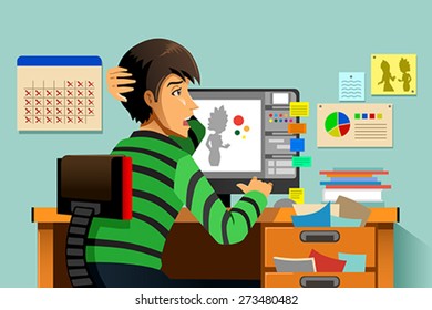 A vector illustration of a a graphic designer working on his computer