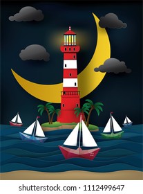 Vector and illustration graphic digital craft style, lighthouse and seascape, Paper sailing boat,Moon at the night sea , Idea for presentation EPS10.
