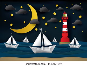 Vector and illustration graphic digital craft style, lighthouse and seascape, Paper sailing boat,Moon at the night , Idea for presentation EPS10