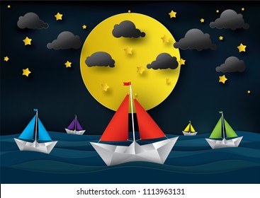 Vector and illustration graphic digital craft style, Moon and seascape, Paper sailing boat in the night sea,Idea for presentation EPS10.