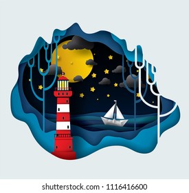 Vector And Illustration Graphic Digital Craft Style,lighthouse And Seascape, Paper Sailing Boat, Moon At The Night,Idea For Presentation EPS10.