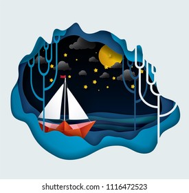 Vector and illustration graphic digital craft style,Paper sailing boat and seascape, Moon at the night,Idea for presentation EPS10.