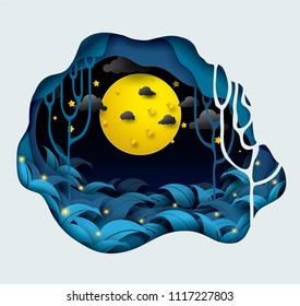 Vector and illustration graphic digital craft style. Full moon at the night in forest ,Cover story idea for presentation EPS10.