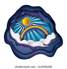 Vector and illustration graphic digital craft style, rainbow and cloud on the sky,The sun is the backdrop,Idea for presentation EPS10