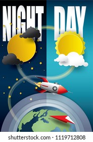 Vector, illustration graphic digital craft style,Day and night,Space rocket,Idea for presentation EPS10