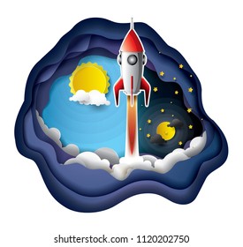 Vector and illustration graphic digital craft style,Space rocket launch,Day and night ,Idea for presentation EPS10.