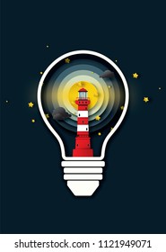 Vector and illustration graphic digital craft style,lighthouse and full moon in light bulb at night,Idea for presentation EPS10.