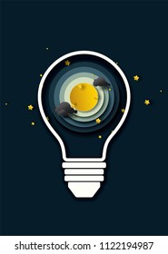 Vector and illustration graphic digital craft style,Fullmoon and Cloud in light bulb at nighttime,Idea for presentation EPS10.
