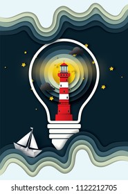 Vector and illustration graphic digital craft style,lighthouse,full moon and Cloud in light bulb at night time ,Idea for presentation EPS10.